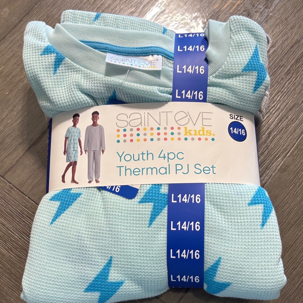 Saint Eve Kids Light Blue Lightning Youth 4pc Thermal PJ Set - Size 14/16